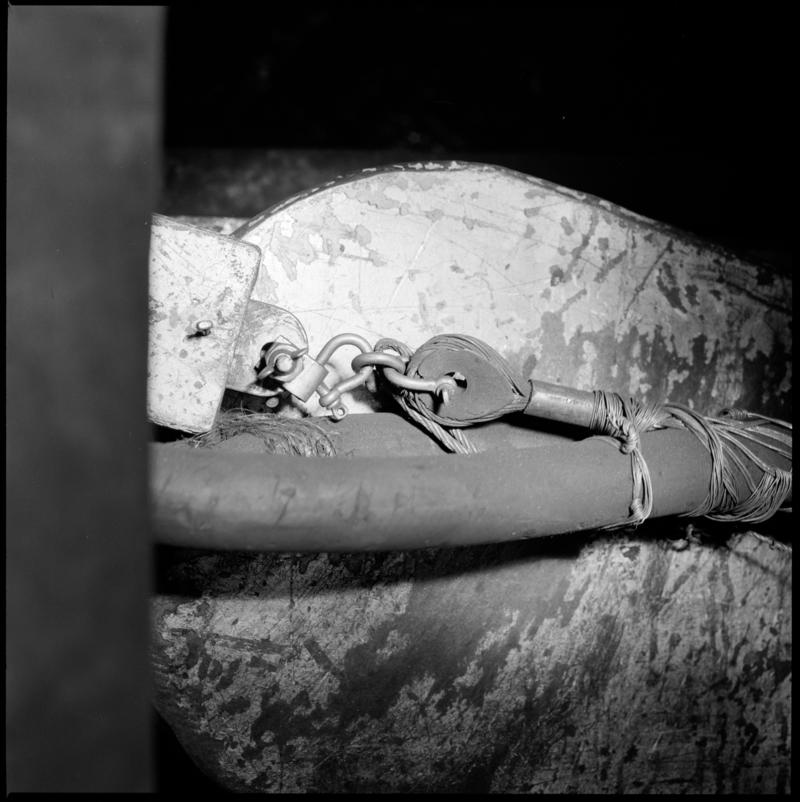 Black and white film negative showing steel cables? underground at Merthyr Vale Colliery.