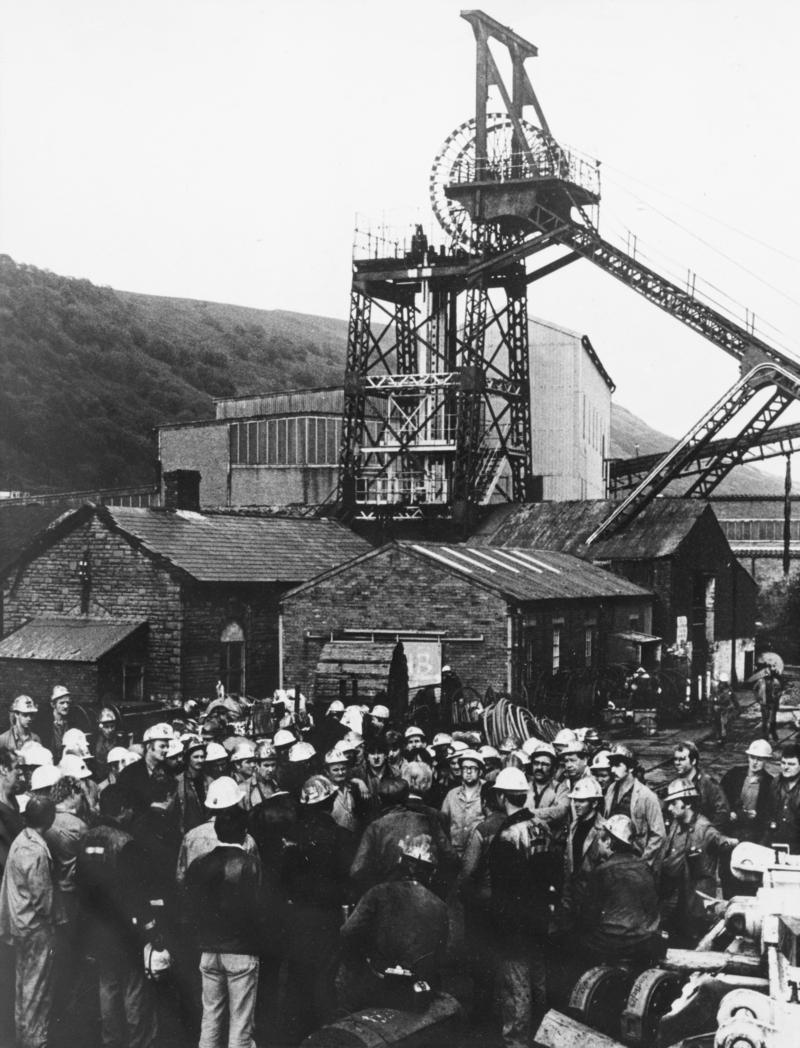 Meeting given by the manager Mr Williams to the afternoon shift waiting to go down the pit, announcing the closure of Rose Heyworth colliery (Abertillery New Mine)