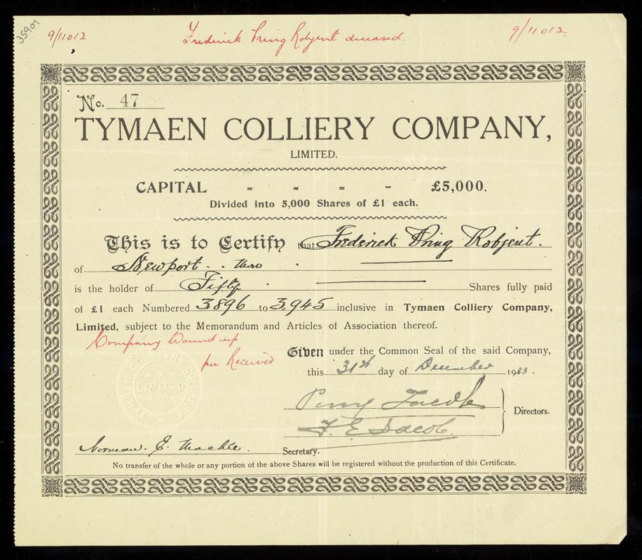 Tymaen Colliery Co. Ltd., share certificate