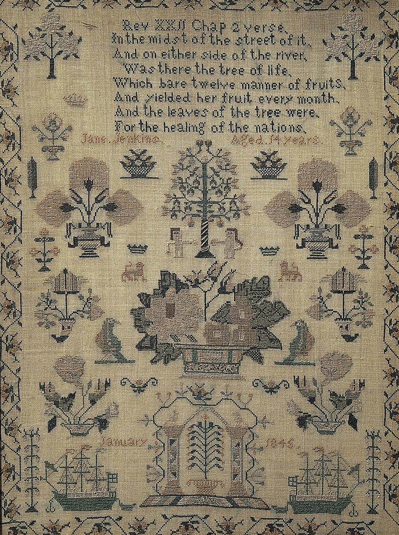 Sampler (motifs &amp; Biblical verse), made in Wales, 1845