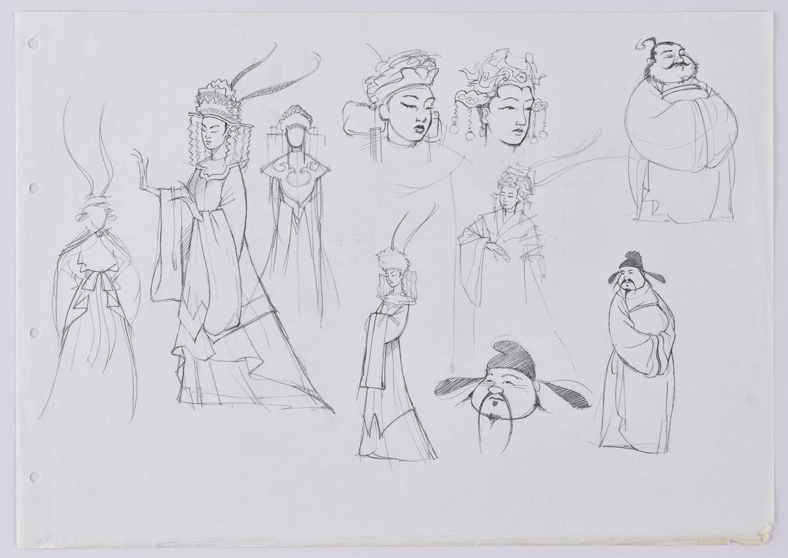 Turandot animation production sketch of characters Liu and a minister.