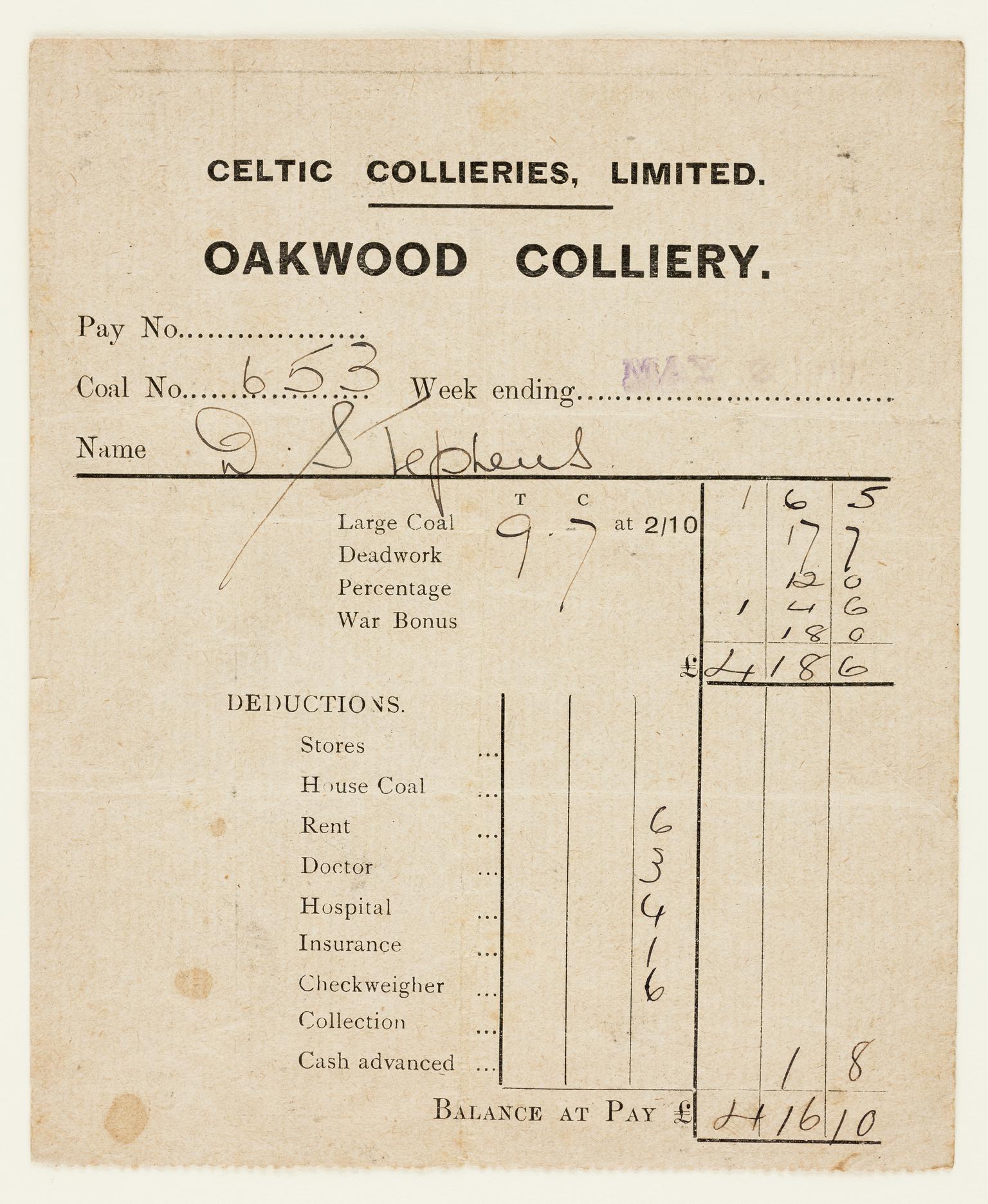 Oakwood Colliery, pay slip