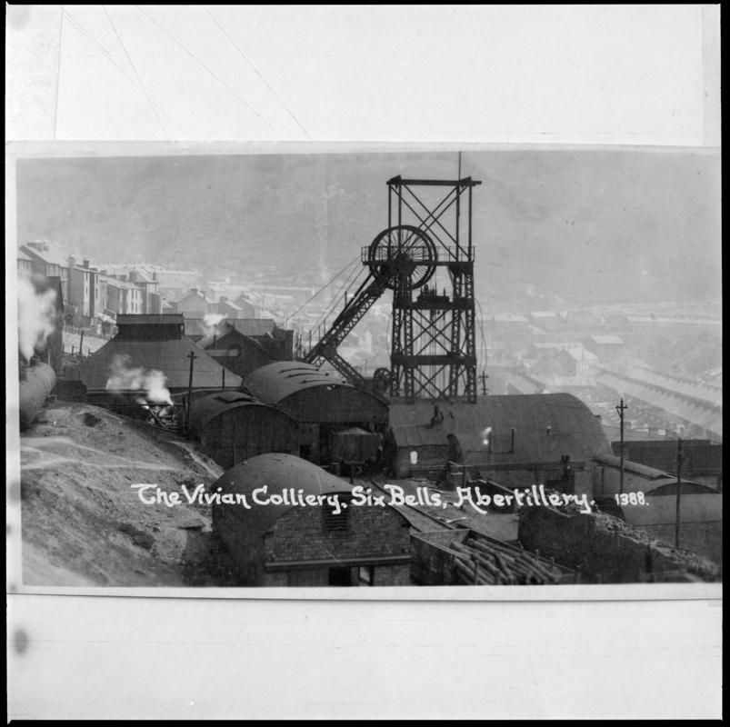 Black and white film negative of a photograph showing a surface view of Vivian Colliery, Six Bells, Abertillery. &#039;Vivian Colliery&#039; is transcribed from original negative bag.