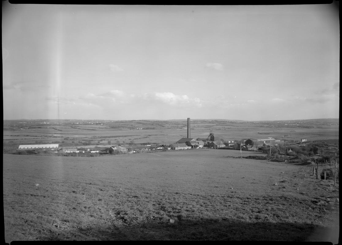 Black and white film negative showing a view towards Morlais Colliery.