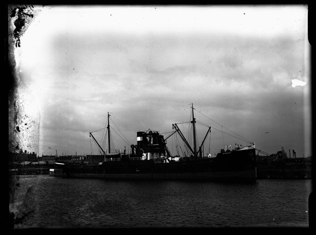 Starboard broadside view of S.S. STANRAY at Cardiff Docks, c.1937.