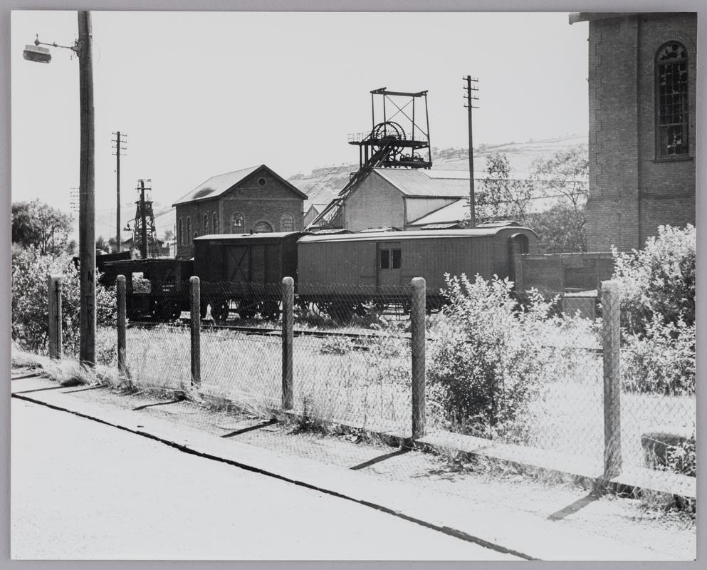South Pit headgear and engine house, Nixon&#039;s Navigation Colliery, 1970s. Abergorki Colliery headgear on the left.