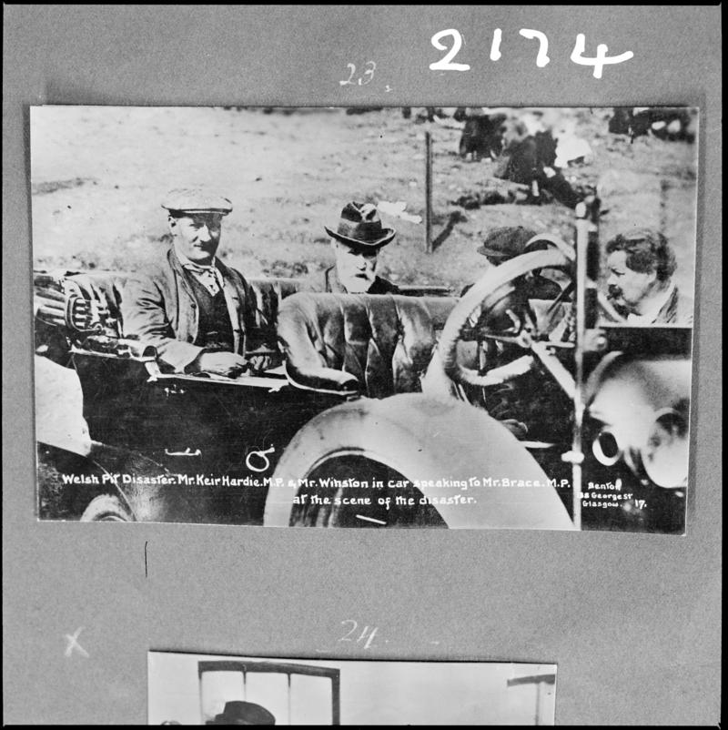 Black and white film negative of a photograph showing &#039;Mr Keir Hardie M.P and Mr Winston in a car speaking to Mr Brace M.P at the scene of the disaster&#039; (information taken from caption on the photograph), Universal Colliery 1913.  &#039;Sen 1913&#039; is transcribed from original negative bag.