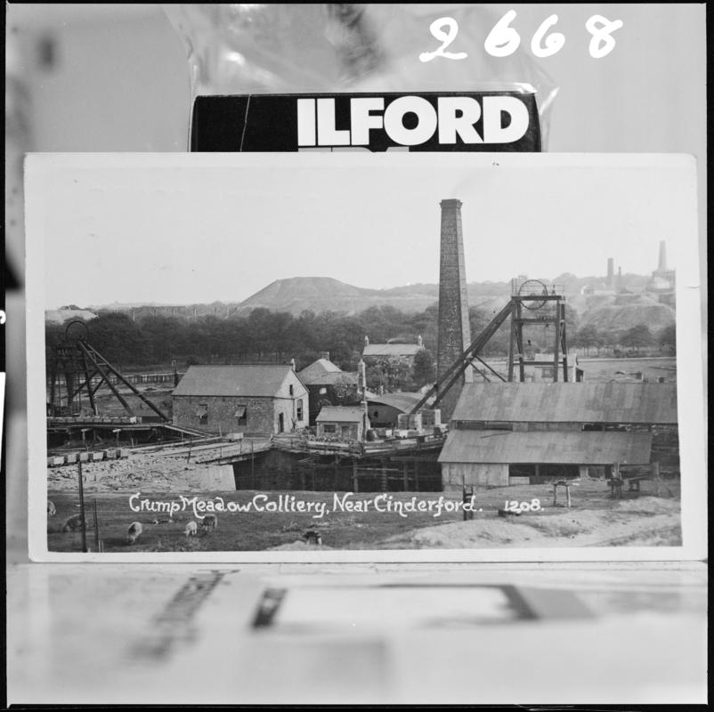 Black and white film negative of a photograph showing a surface view of Crump Meadow Colliery, Cinderford.  &#039;Crump Meadow Forest of Dean&#039; is transcribed from original negative bag.