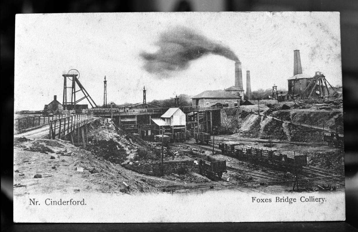 Black and white film negative of a photograph showing a surface view of Foxes Bridge Colliery, Cinderford.