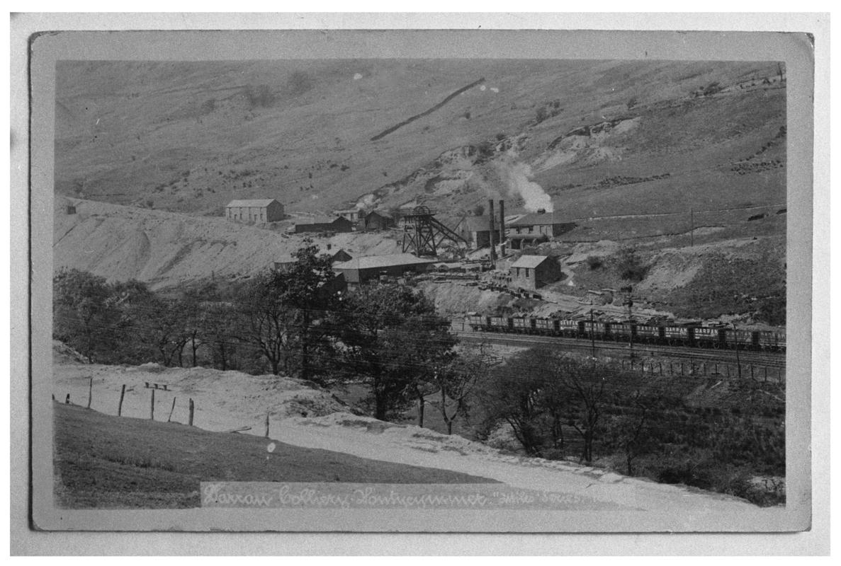 Black and white film negative of a photograph showing a surface view of Darren Colliery, Pontycymmer.