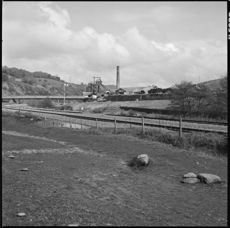 Black and white film negative showing a view towards Lewis Merthyr Colliery.  Appears to be identical to 2009.3/2705.