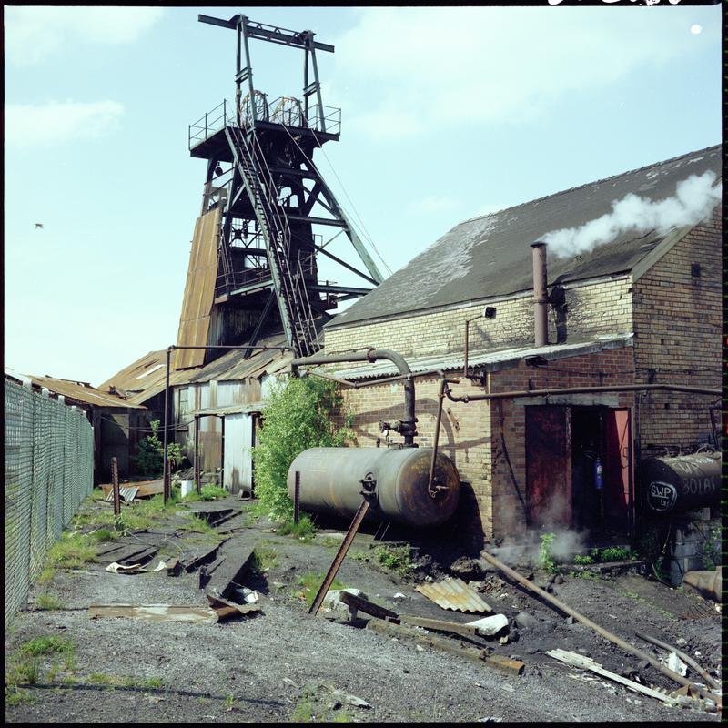 Colour film negative showing a view of the headgear and engine house, Morlais Colliery 13 May 1981.  &#039;Morlais 13/5/81&#039; is transcribed from original negative bag.