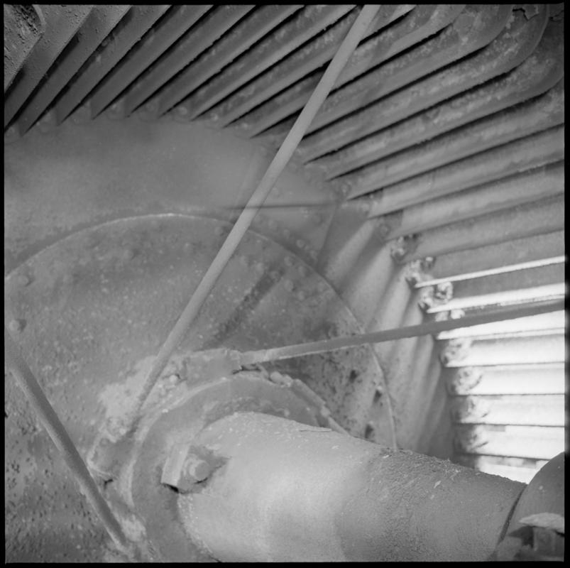 Black and white film negative showing ?part of a fan, Blaenserchan Colliery 22 August 1975.  &#039;Blaenserchan 22 Aug 1975&#039; is transcribed from original negative bag.