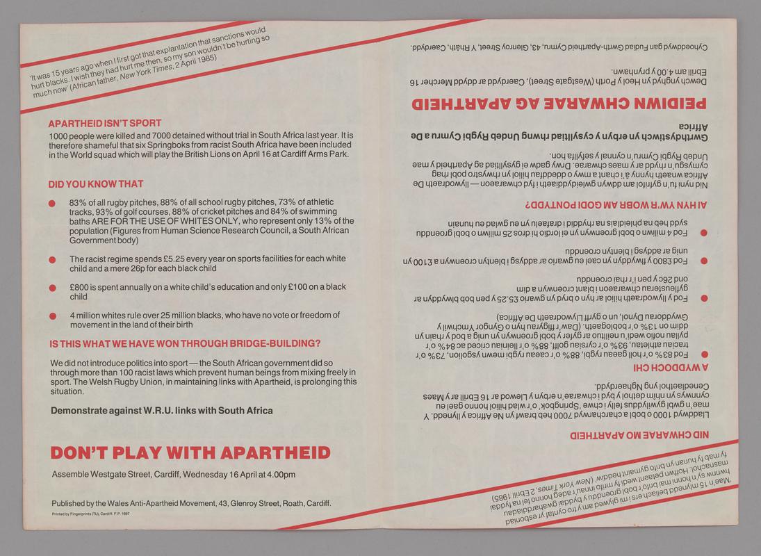 Flyer Wales Anti-Apartheid movement - &#039;Gorymdaith Rhyddhewch y Plant&#039;, 1987