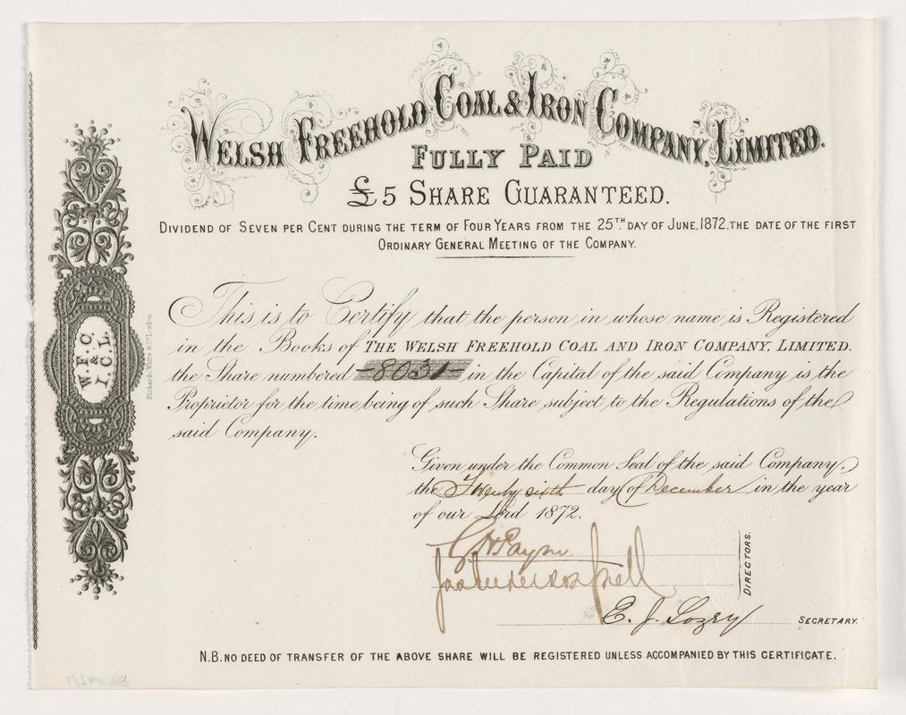 Welsh Freehold Coal &amp; Iron Company Limited, £5 ordinary shares, 1872