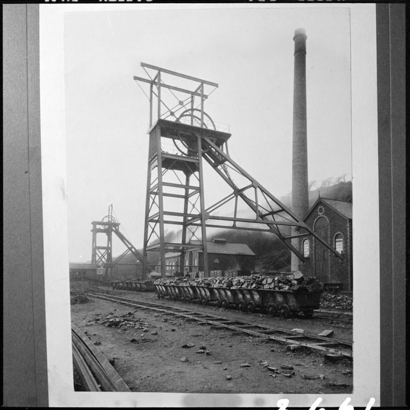 Black and white film negative of a photograph showing a view of the Main Colliery headgears, Skewen.  &#039;Main Colliery&#039; is transcribed from original negative bag.