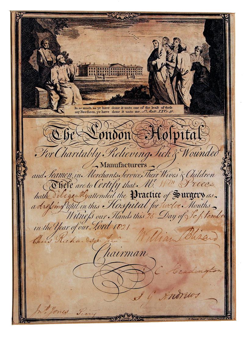 Certificate of attendance in the Practice of Surgery, 1821.  On display in Gallery of Material Culture, SFNMH.