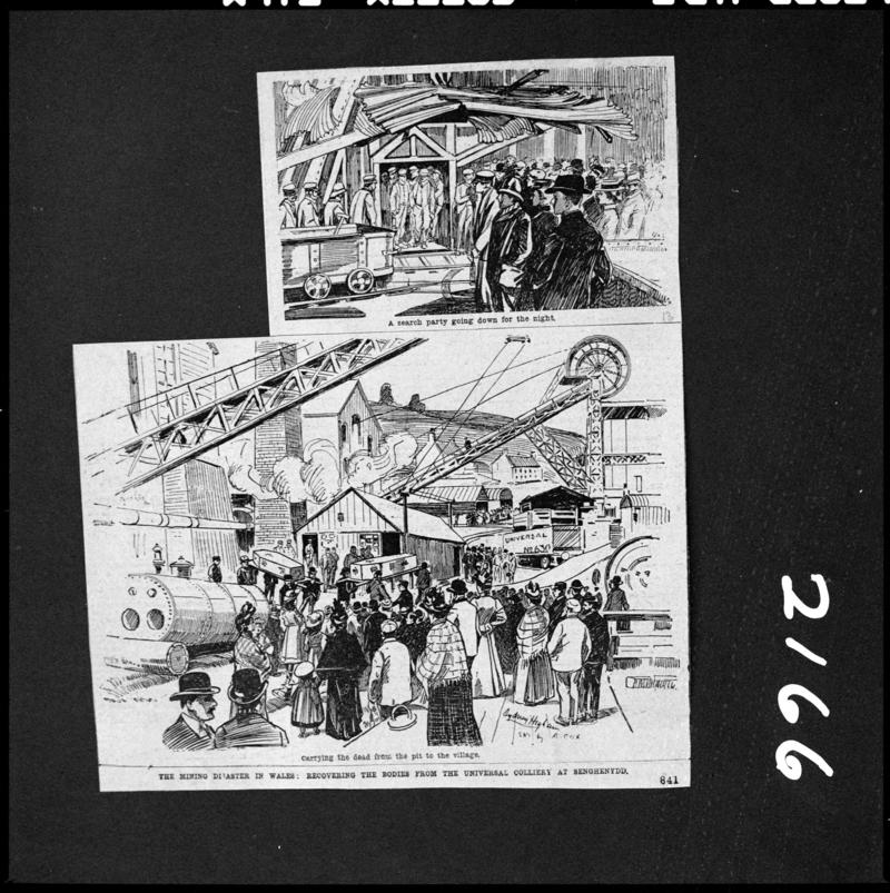 Black and white film negative showing the scene at Universal Colliery Senghenydd after the explosion of May 24th 1901, sketched illustration photographed from the Daily Graphic publication.  &#039;Sen 1901&#039; is transcribed from original negative bag.