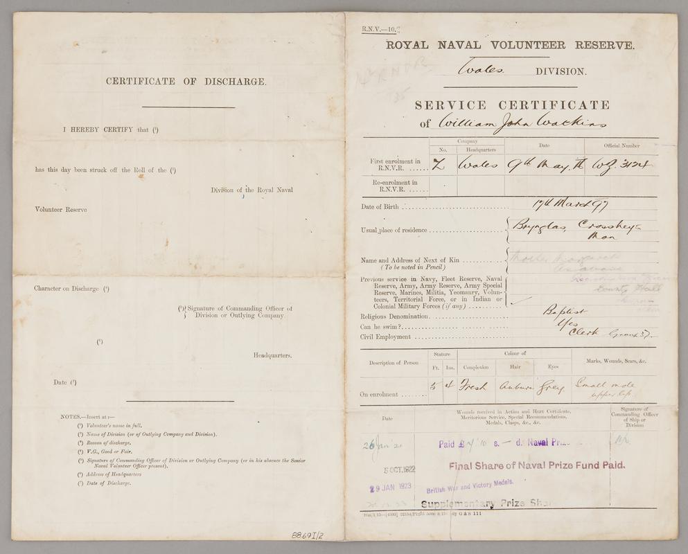 Royal Naval Volunteer Reserve Service Certificate issued to William John Watkins, 1916-1919.
