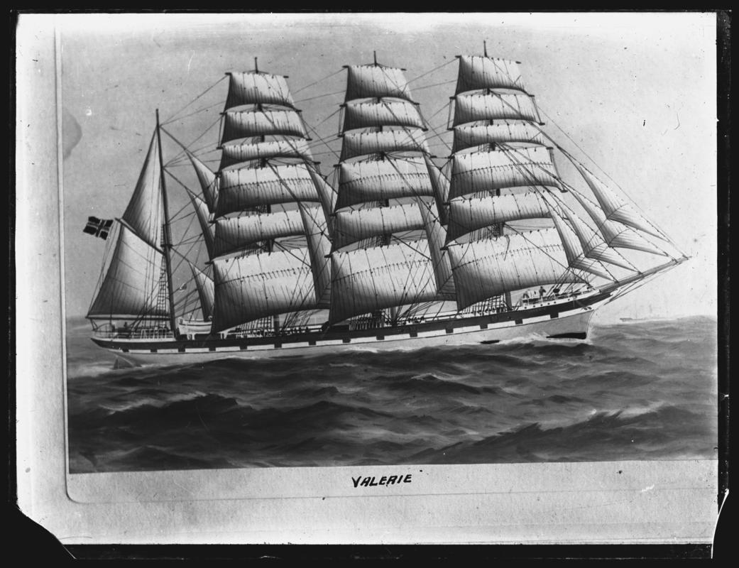 Photograph of a painting showing a starboard broadside view of the four-masted barque VALERIE.  Title of painting - VALERIE.



Broken glass negative.