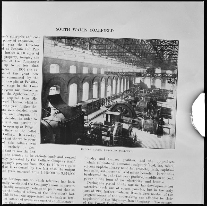 Black and white film negative showing the interior of the engine house, Penallta Colliery, photographed from a publication.  &#039;Penallta Colliery&#039; is transcribed from original negative bag.