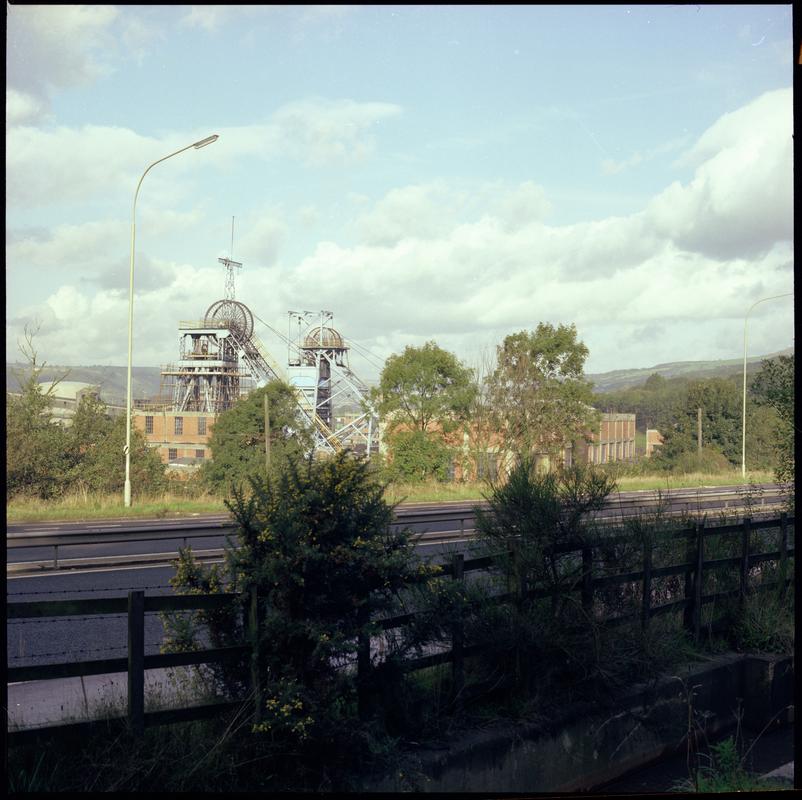 Colour film negative showing the upcast and downcast shafts, Nantgarw Colliery.  &#039;Nantgarw&#039; is transcribed from original negative bag.