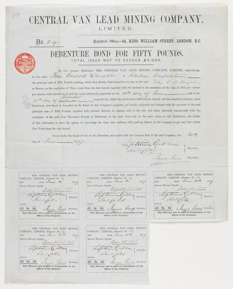 The Central Van Lead Mining Company Limited, £50 debenture bond, 1877