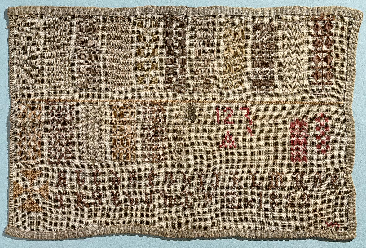 Sampler (darning &amp; alphabet), made in Belgium, 1859