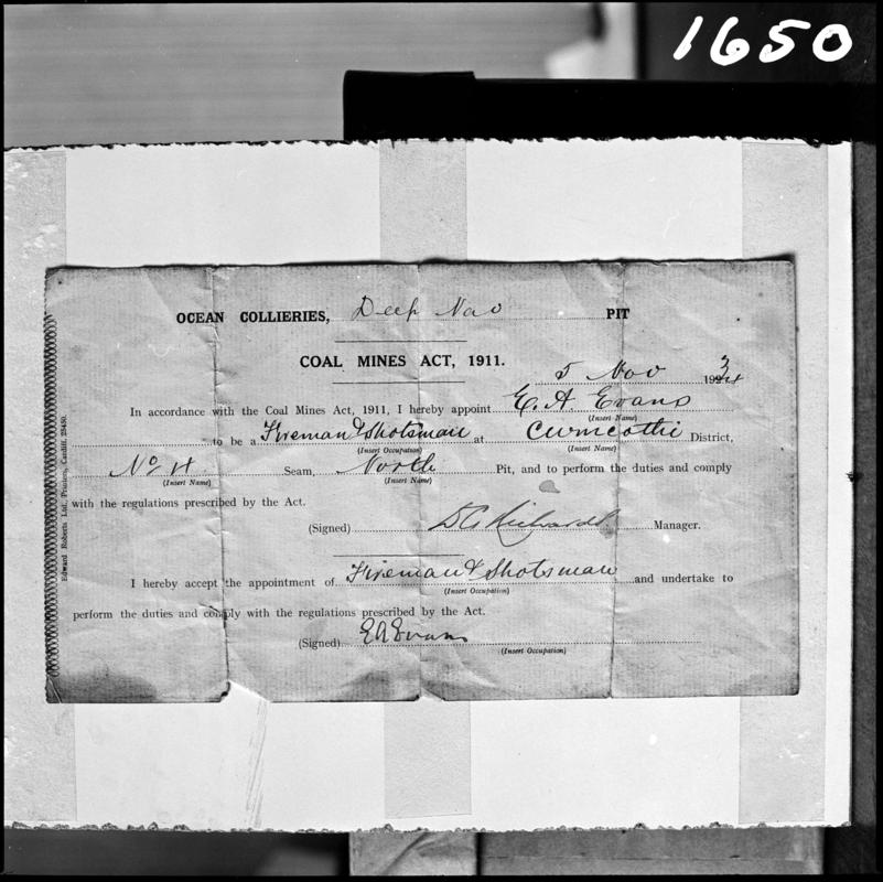 Black and white film negative showing a document comfirming the appointment of E.A. Evans as a fireman &amp; shotsman at Deep Navigation Colliery, 5 Nov 1934 in accordance with the Coal Mines Act 1911.