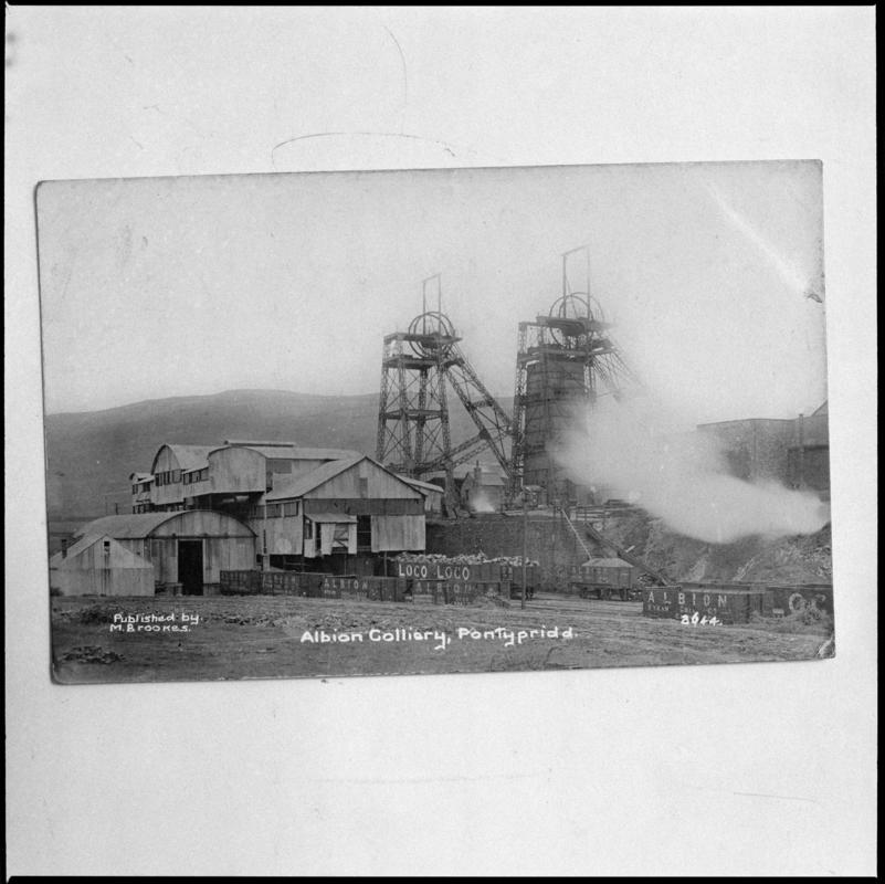 Black and white film negative of a photograph showing a surface view of Albion Colliery, Pontypridd.  &#039;Albion&#039; is transcribed from original negative bag.