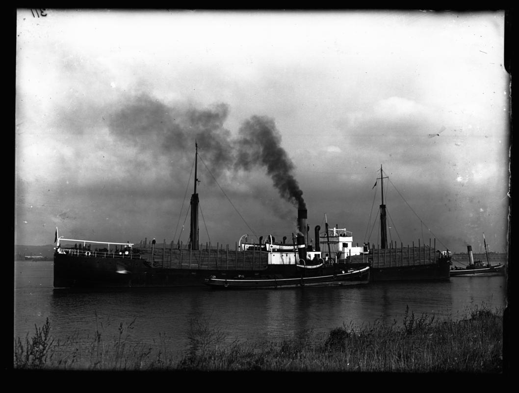 Starboard broadside view of S.S. GOTHIC and two tugs, one of which is the &#039;Cardiffian&#039;, c.1936.