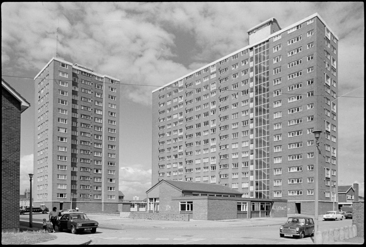 Exterior view of the high rise flats in Loudoun Square, Butetown.