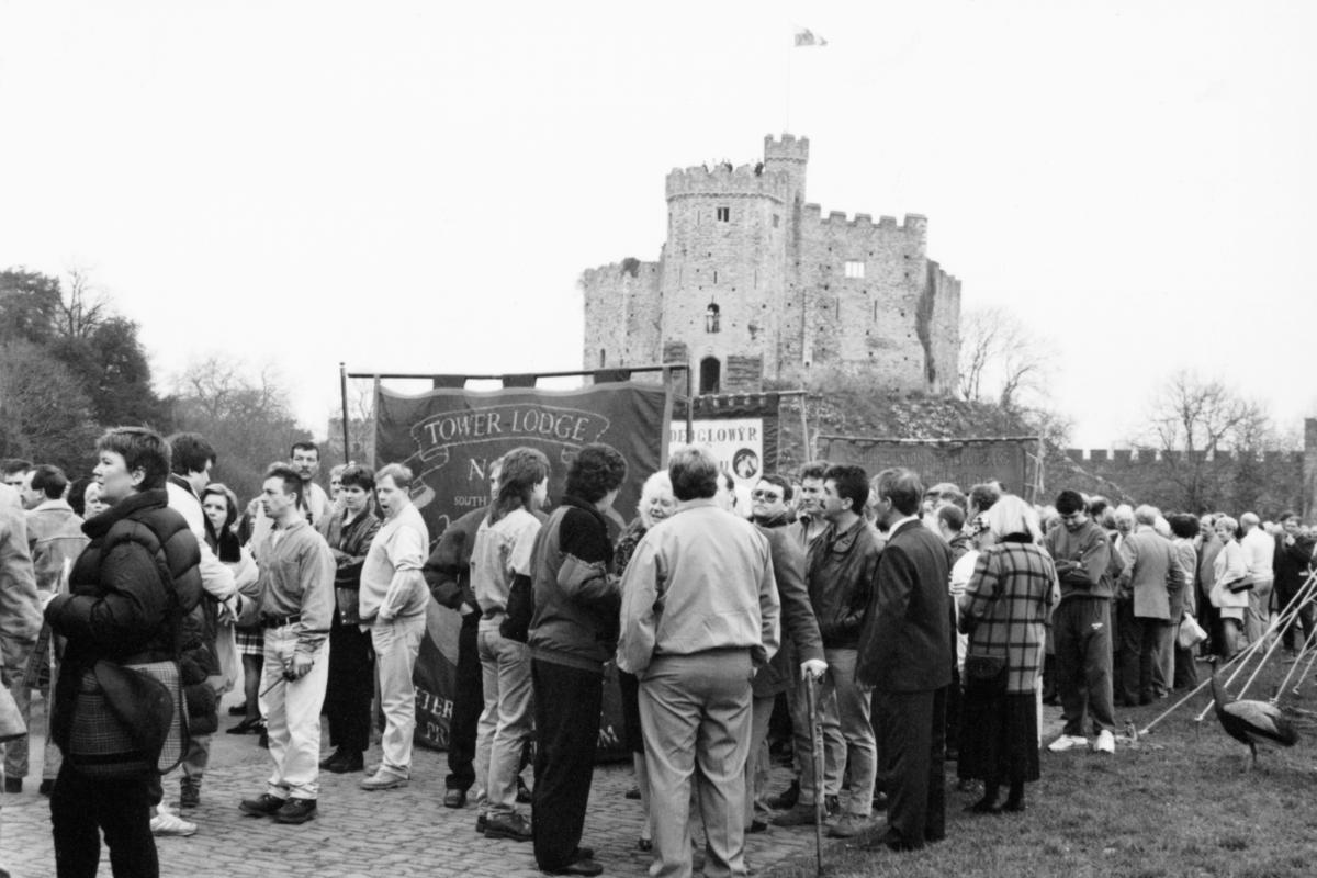 Miners gathering at Cardiff Castle for the &quot;Freedom of the City&quot; march.