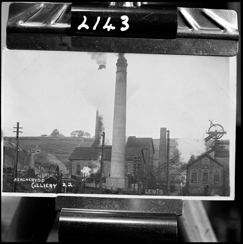 Black and white film negative of a photograph showing a general surface view of Universal Colliery.  &#039;Senghenydd&#039; is transcribed from original negative bag.