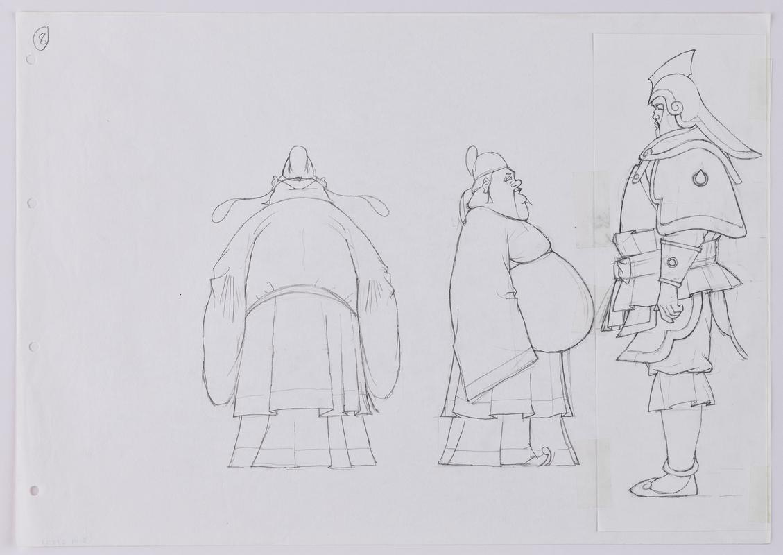 Turandot animation production sketch of a minister and imperial guard.