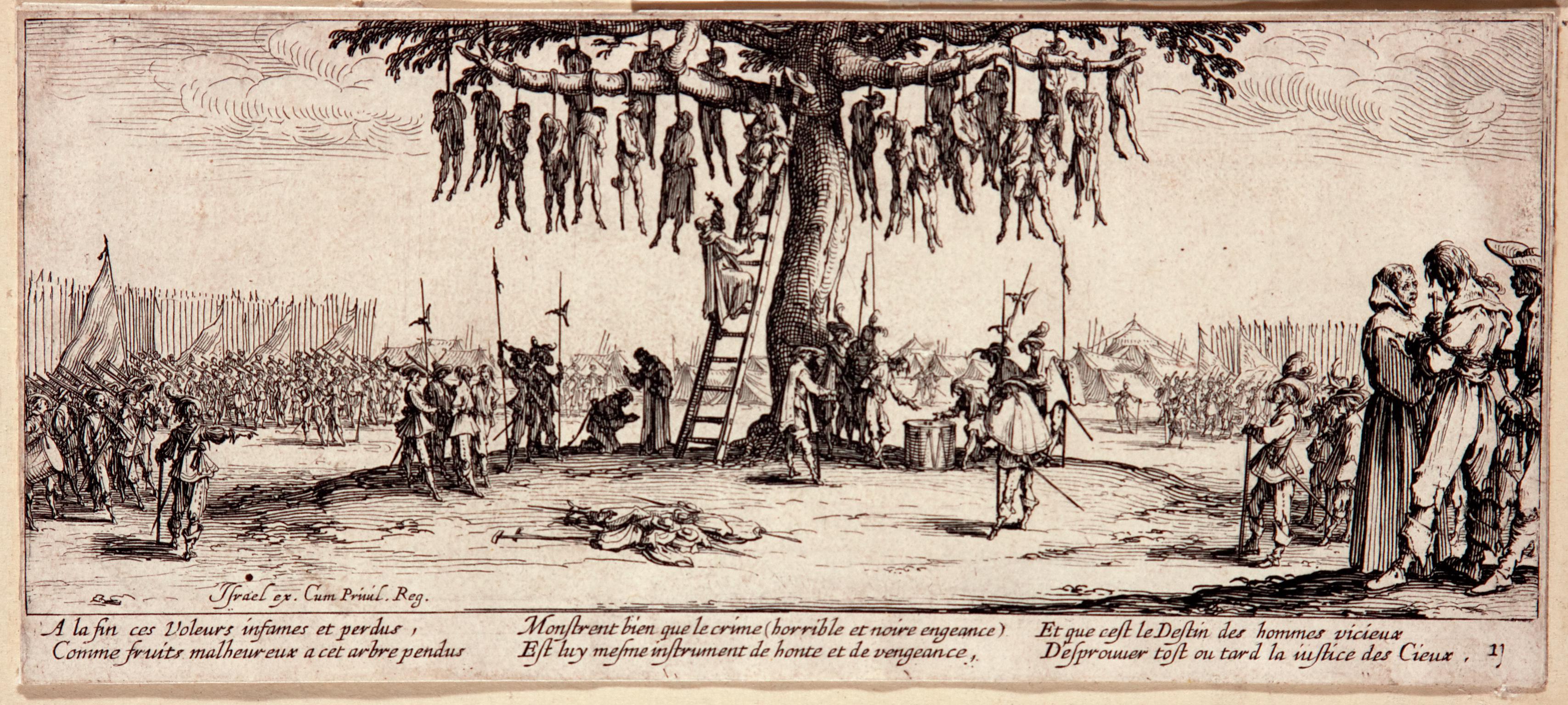 The pendaison with a score of bodies hanging from an oak