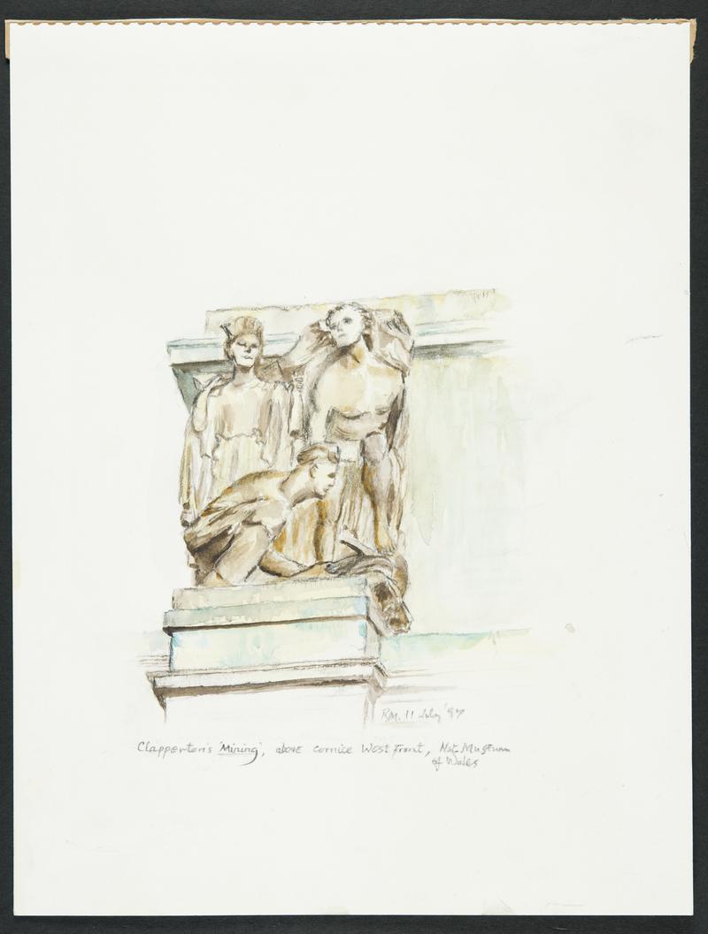 Drawing by Rosemary Markham of sculpture on the West Front of the National Museum of Wales, Cardiff, representing &#039;Mining&#039;
