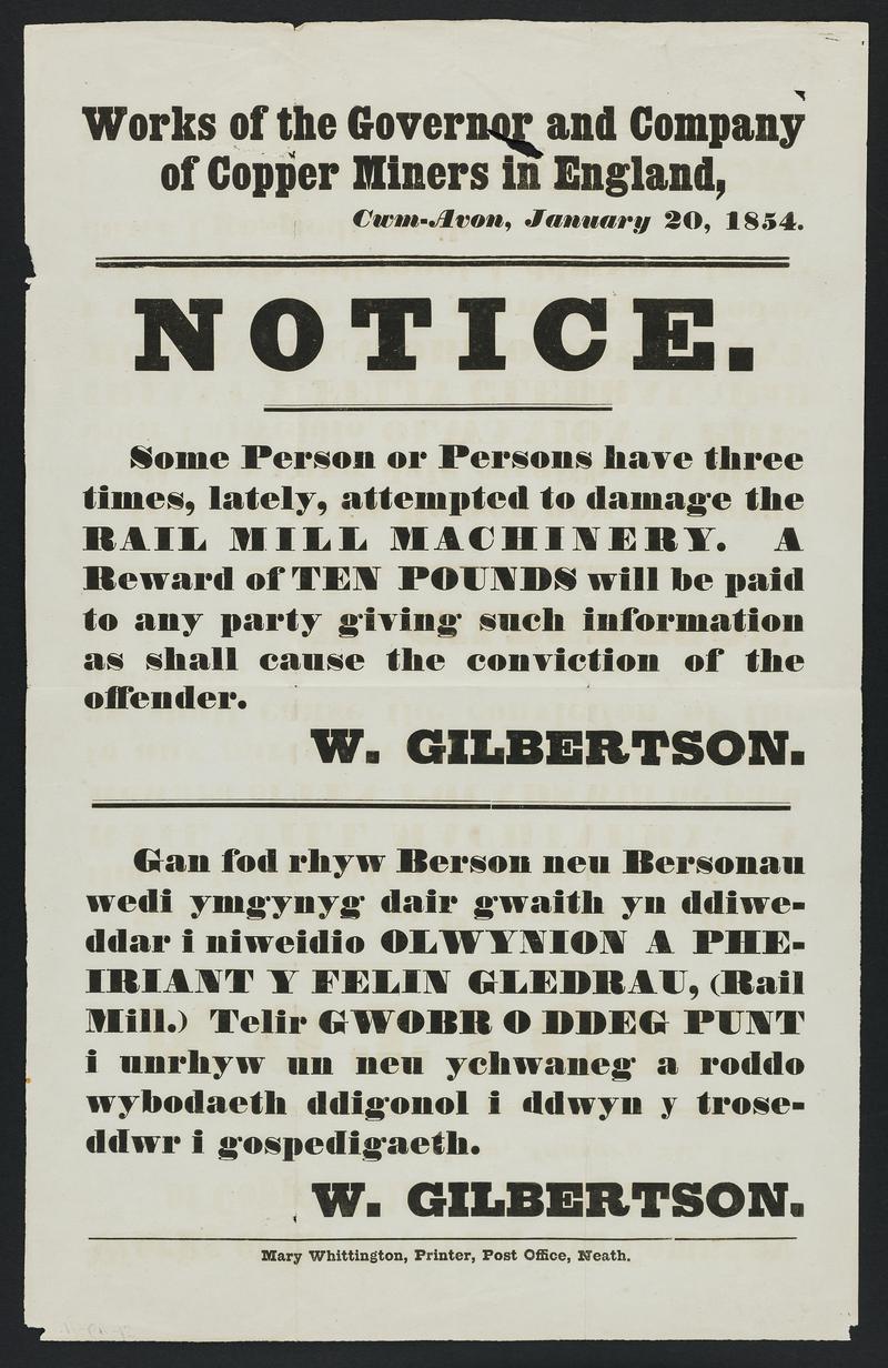 Notice issued by the Govenor and Company of Copper Miners in England, Cwmavon