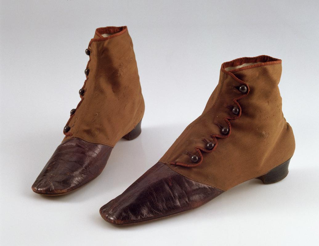 19th Century women&#039;s brown cloth and leather shoes