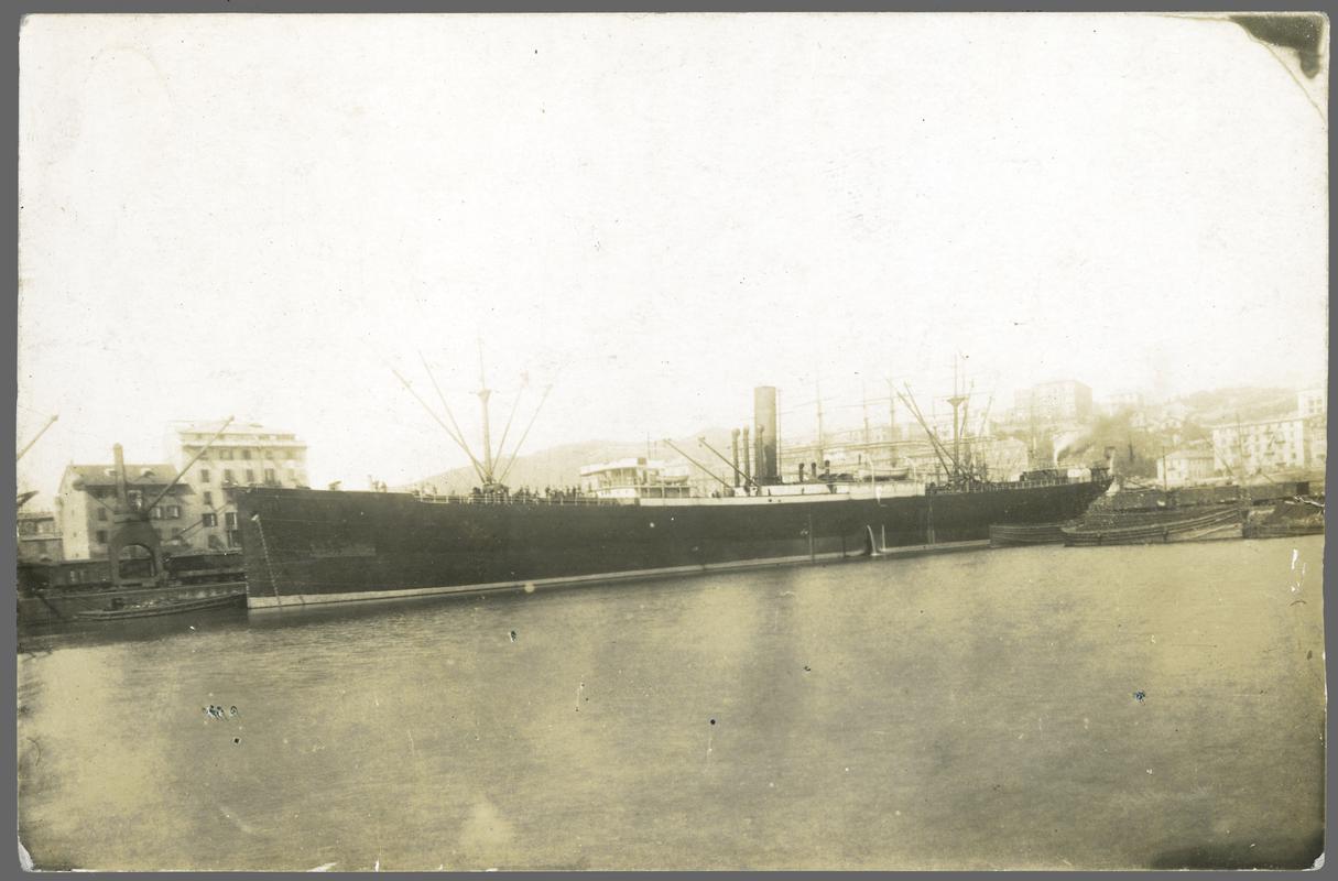 Full port view of the S.S. CARDIGAN at an unidentified foreign port