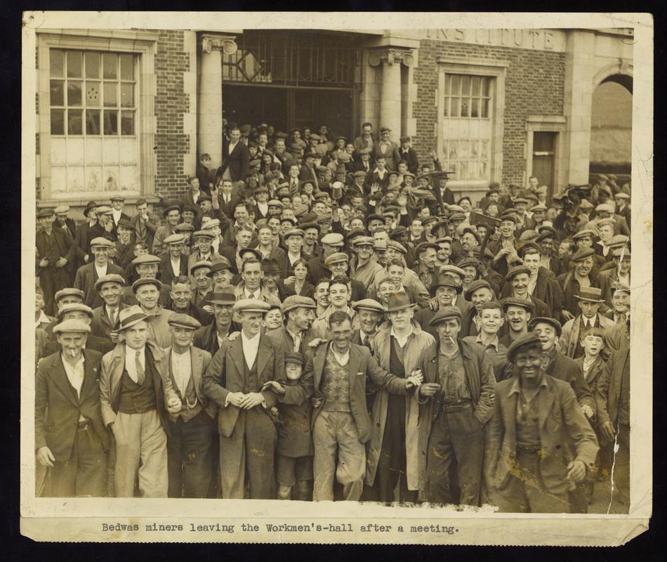 Bedwas miners leaving the Workmen&#039;s-hall after a meeting (front)