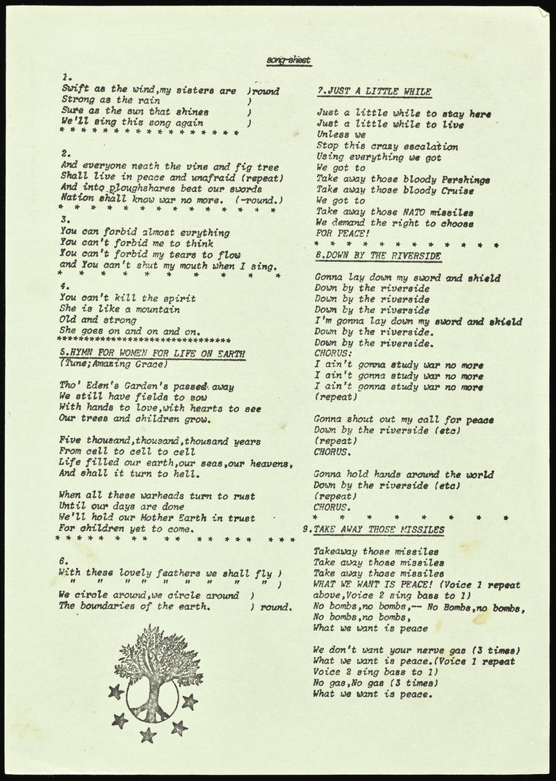 Single sided song sheet containing words to nine songs, including Hymn for Women for Life on Earth.