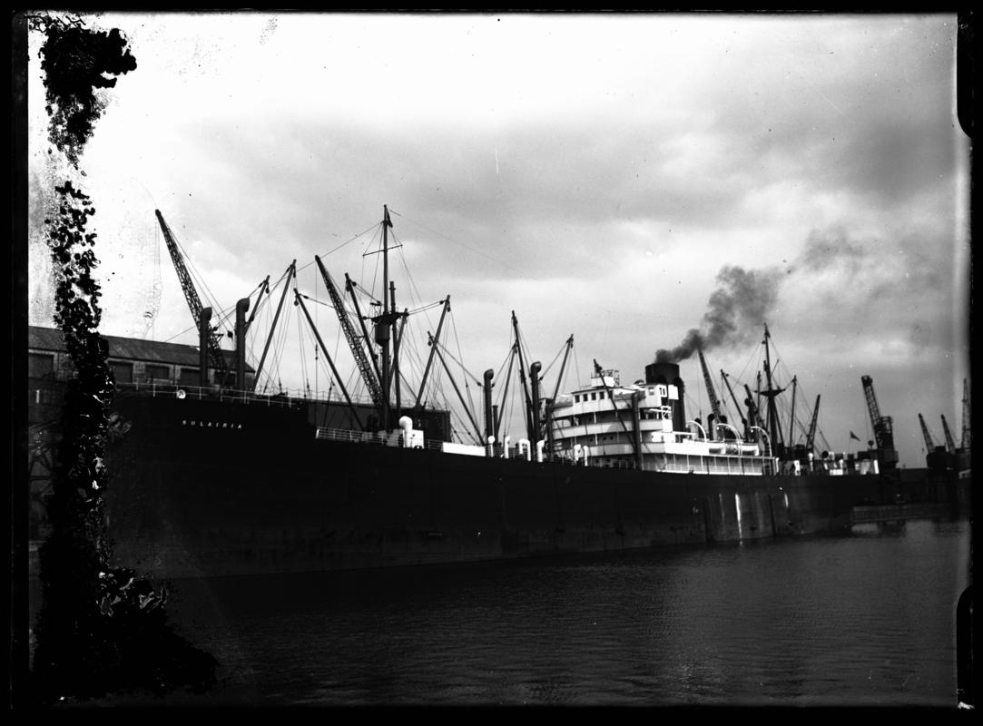 3/4 port bow view of S.S. SULAIRIA at Cardiff Docks, c.1936.