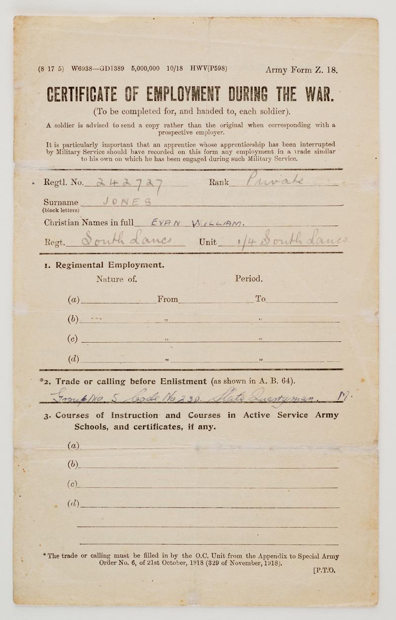 Certificate of employment during the First World War which was issued to every soldier to assist the soldier to obtain employment on return to civil life.