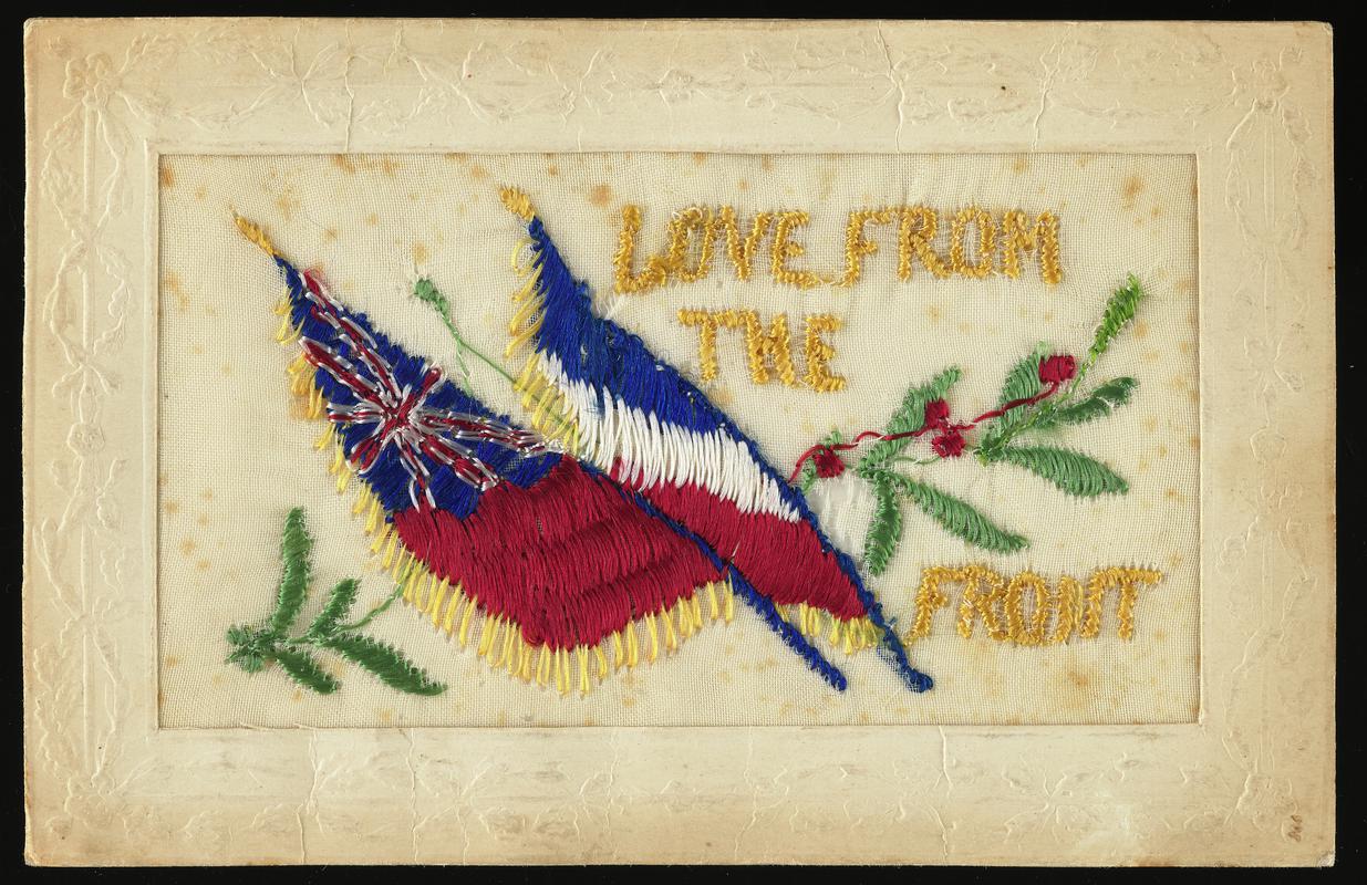 Embroidered postcard inscribed &#039;LOVE FROM THE FRONT&#039;. No message on back. Sent to a family member of Corporal Hector Hussey of the Royal Welch Fusiliers during the First World War.