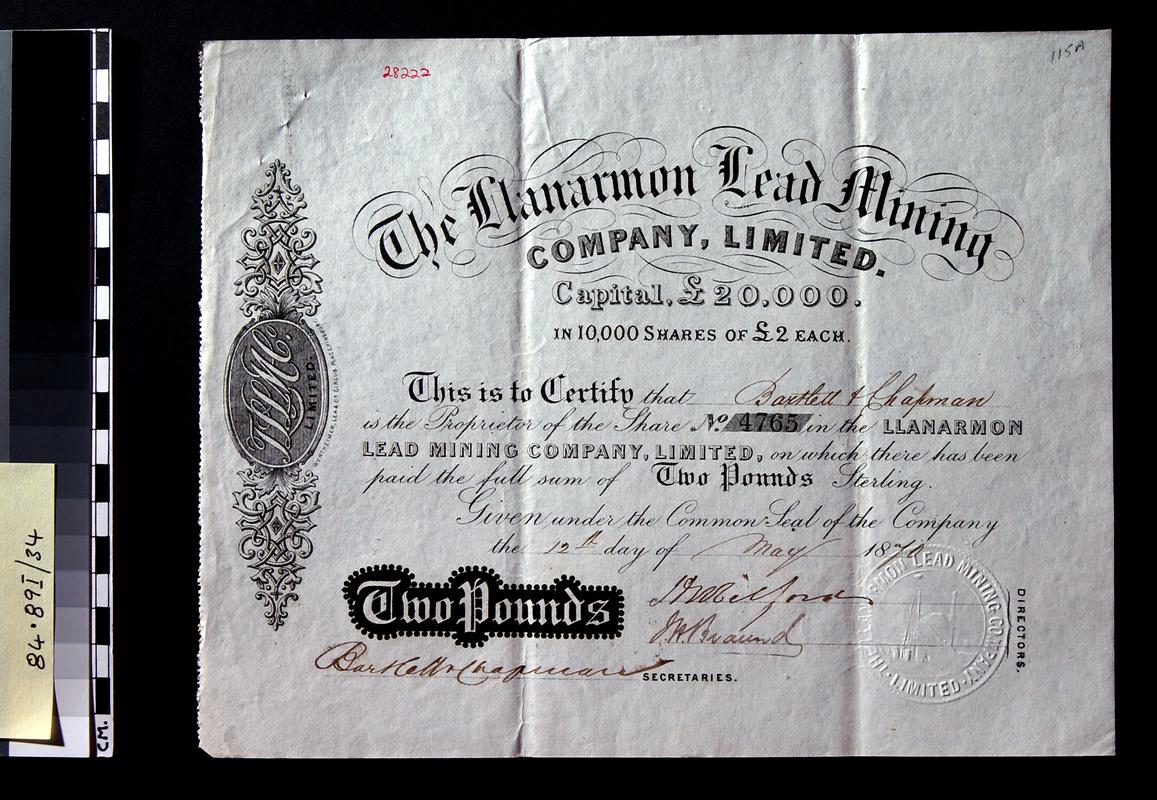 Llanarmon Lead Mining Co. Ltd. share certificate