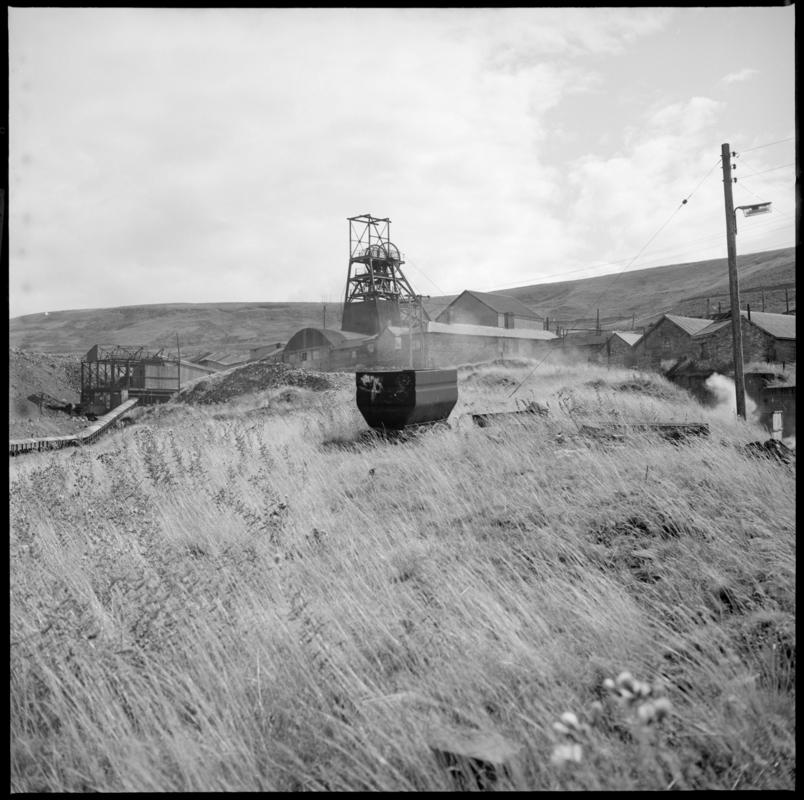Black and white film negative showing a general surface view of Big Pit Colliery, 1975.  &#039;Blaenavon 1975&#039; is transcribed from original negative bag.
