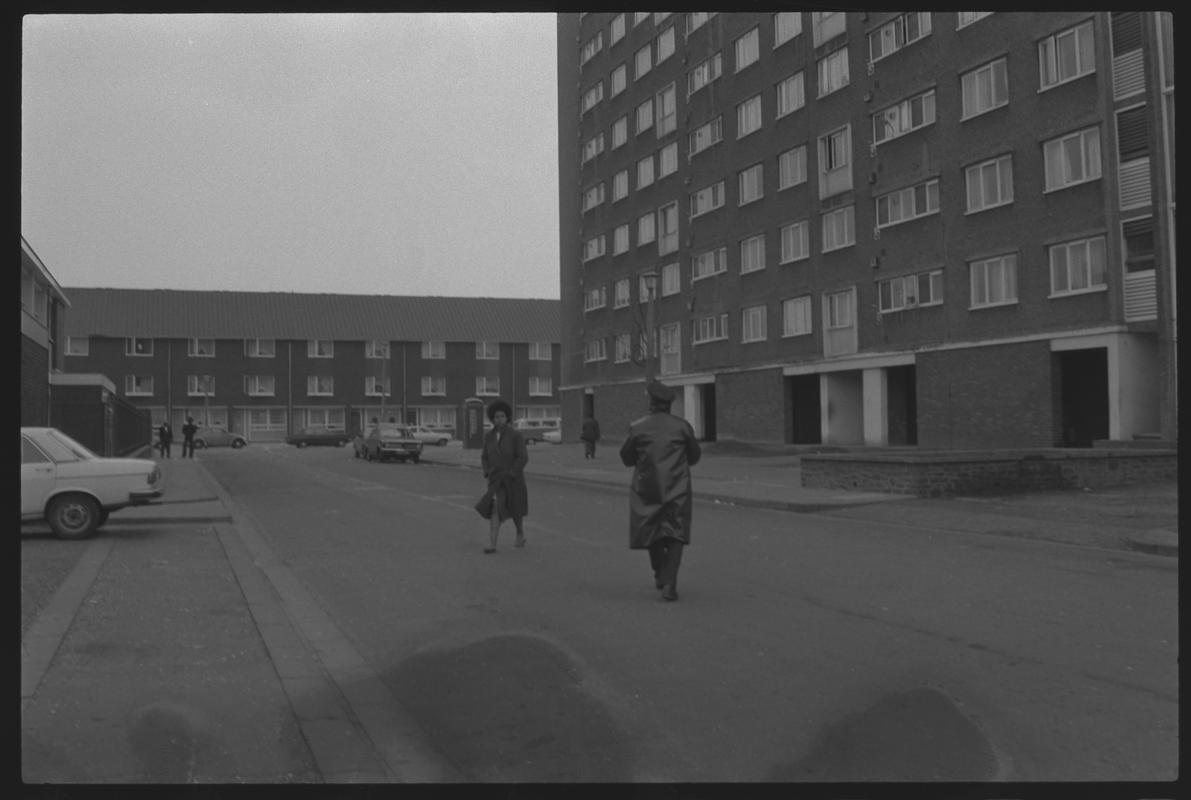 First six stories of flats and entrances, with three storied flats in background at Loudoun Square, Butetown.