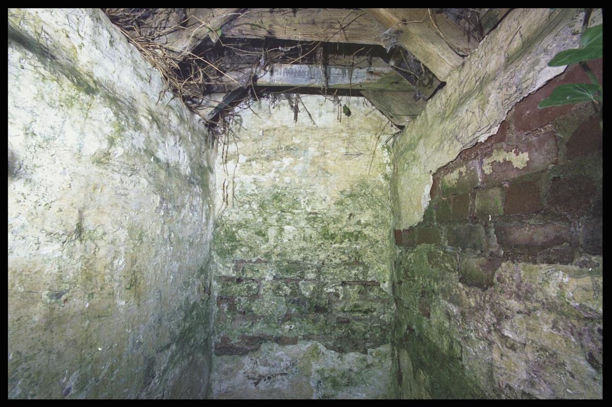 Graffitied tŷ bach in a garden in Trefin, negative