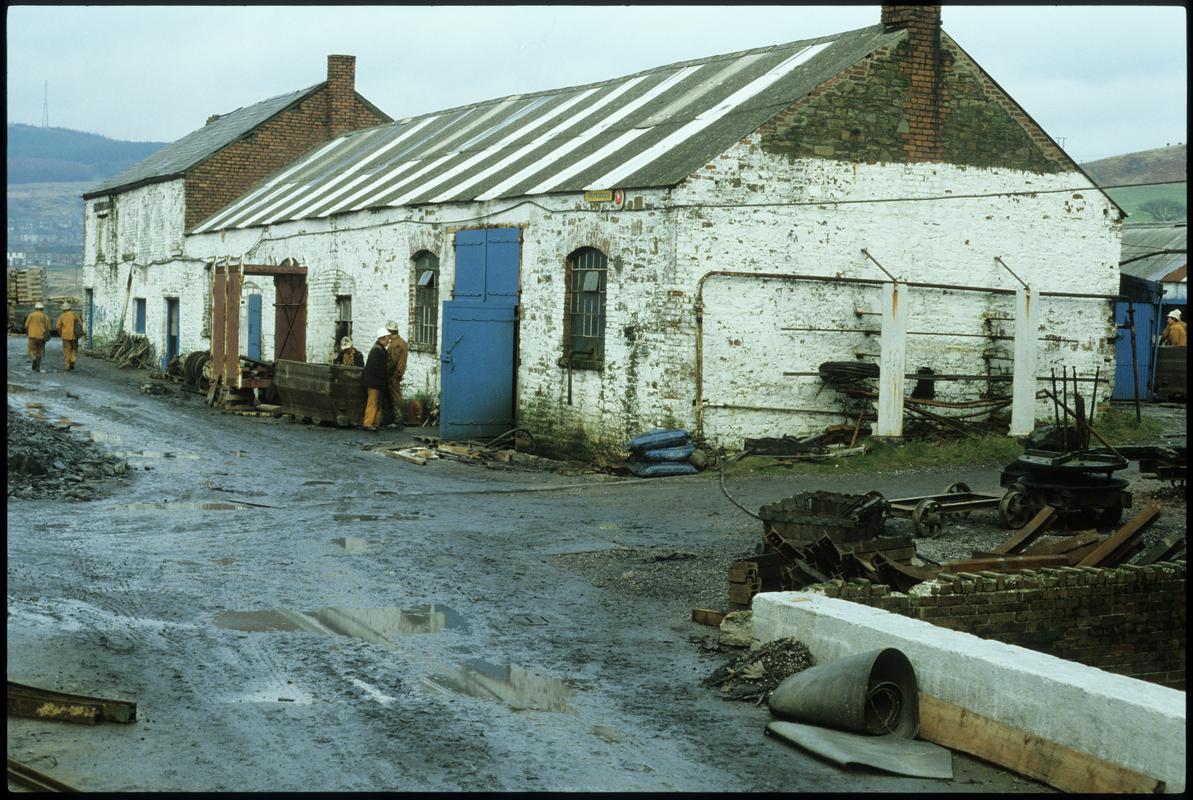 Colour film slide showing Coegnant Colliery buildings and yard, 25 November 1981.